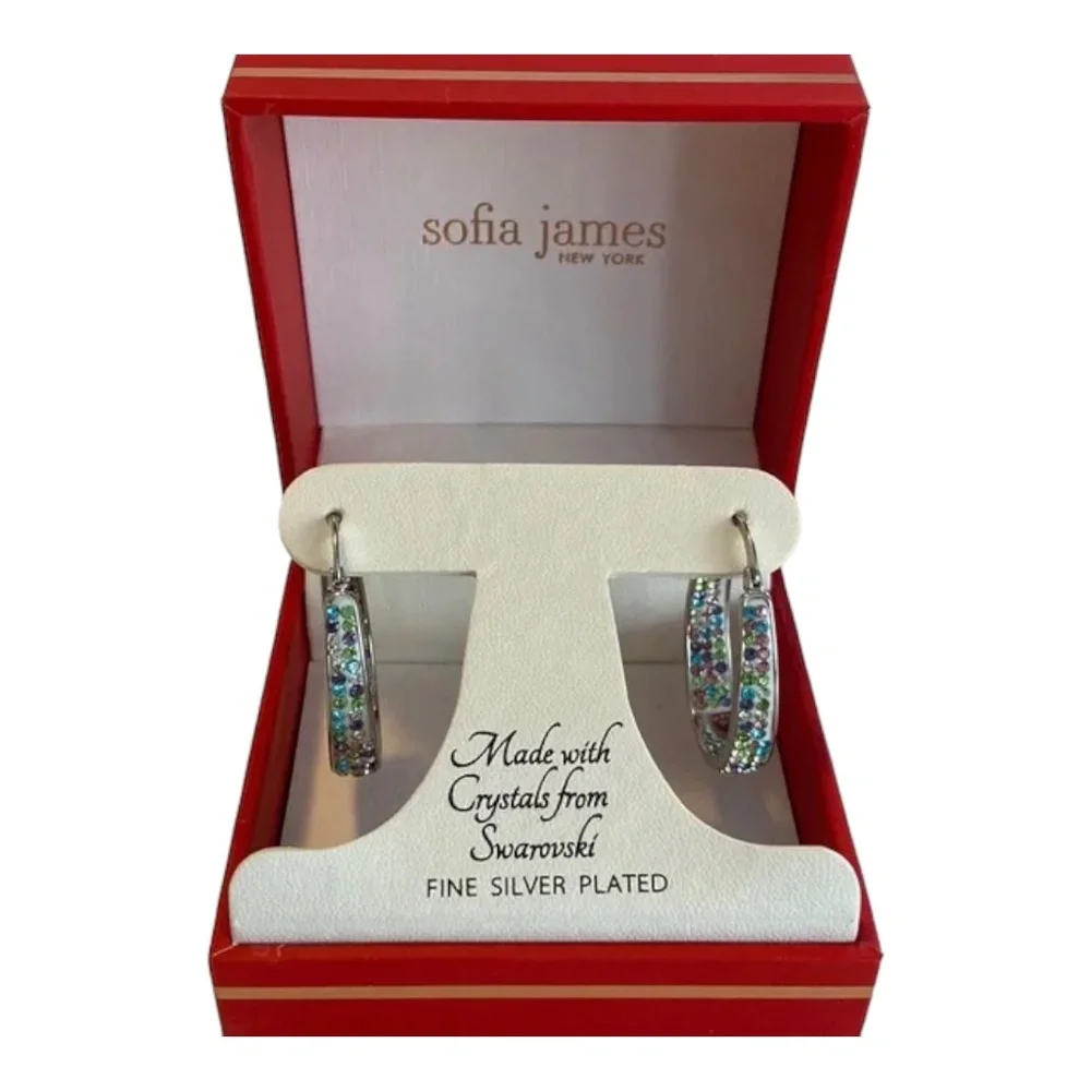 Swarovski Fine Silver Hoop Earrings Silver Plated Sofia James New York Brand New - Picture 2 of 7